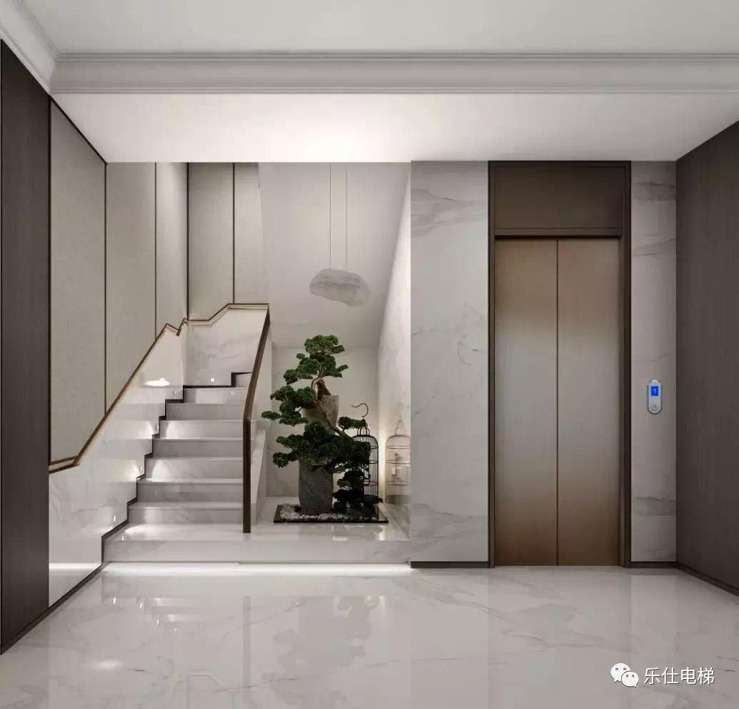 别墅楼梯是三跑楼梯,中间尺寸足够的话可以直接在预留空间处安装电梯