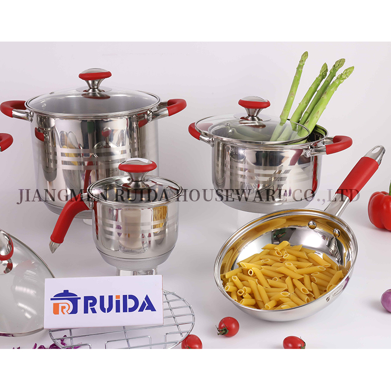 Stainless Steel Cookware Straight Shape Red Silicone Cookware Set