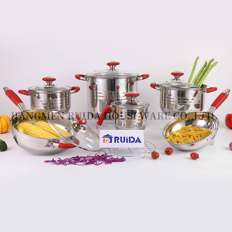 Stainless Steel Cookware Straight Shape Red Silicone Cookware Set