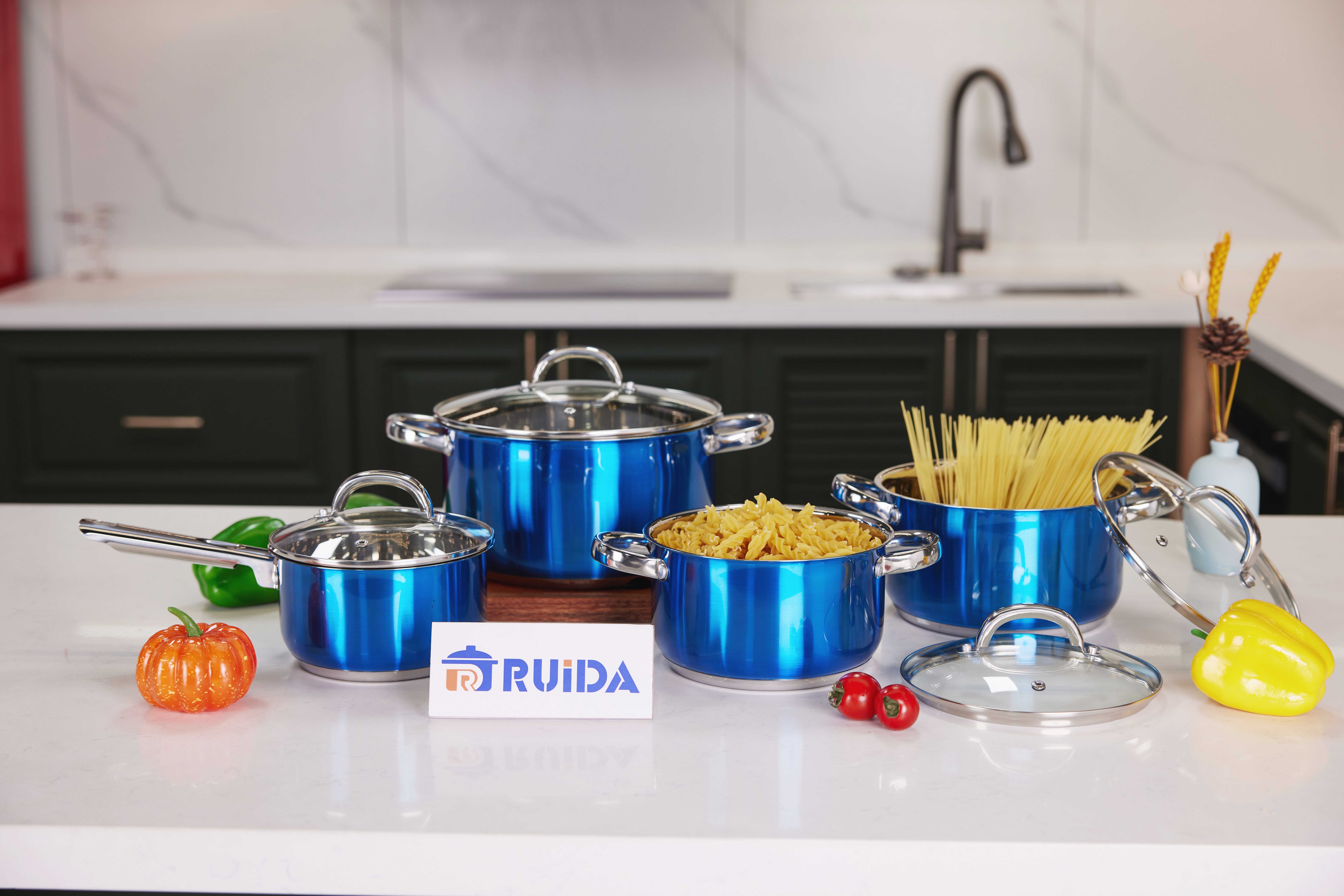 8PCS Stainless Steel Cookware Set with Blue Painting South American Induction