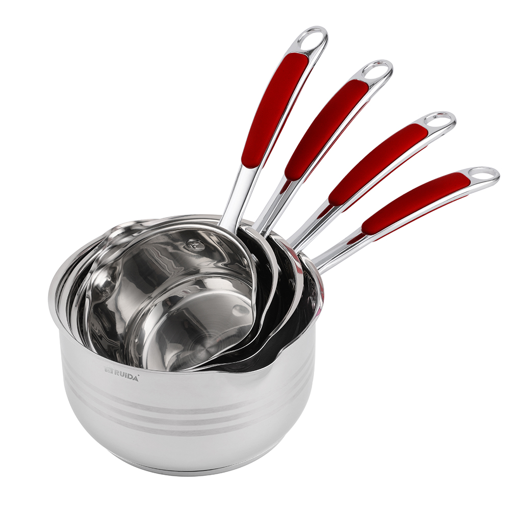 Wholesale Kitchen Utensils Set Silicone Handle 4PCS Stainless Steel Saucepan with Spout
