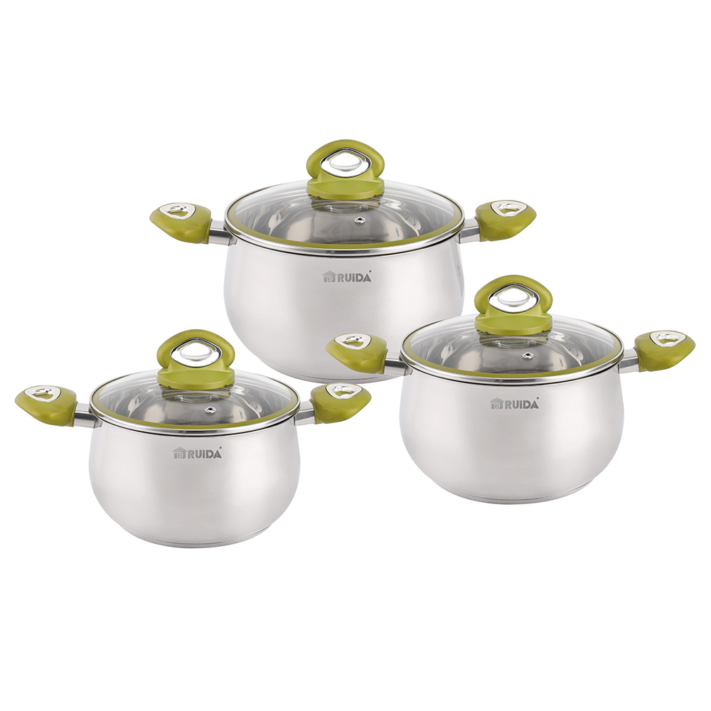 6PCS Stainless Steel Cookware Set with Green Bakelite Soft Touch Handle