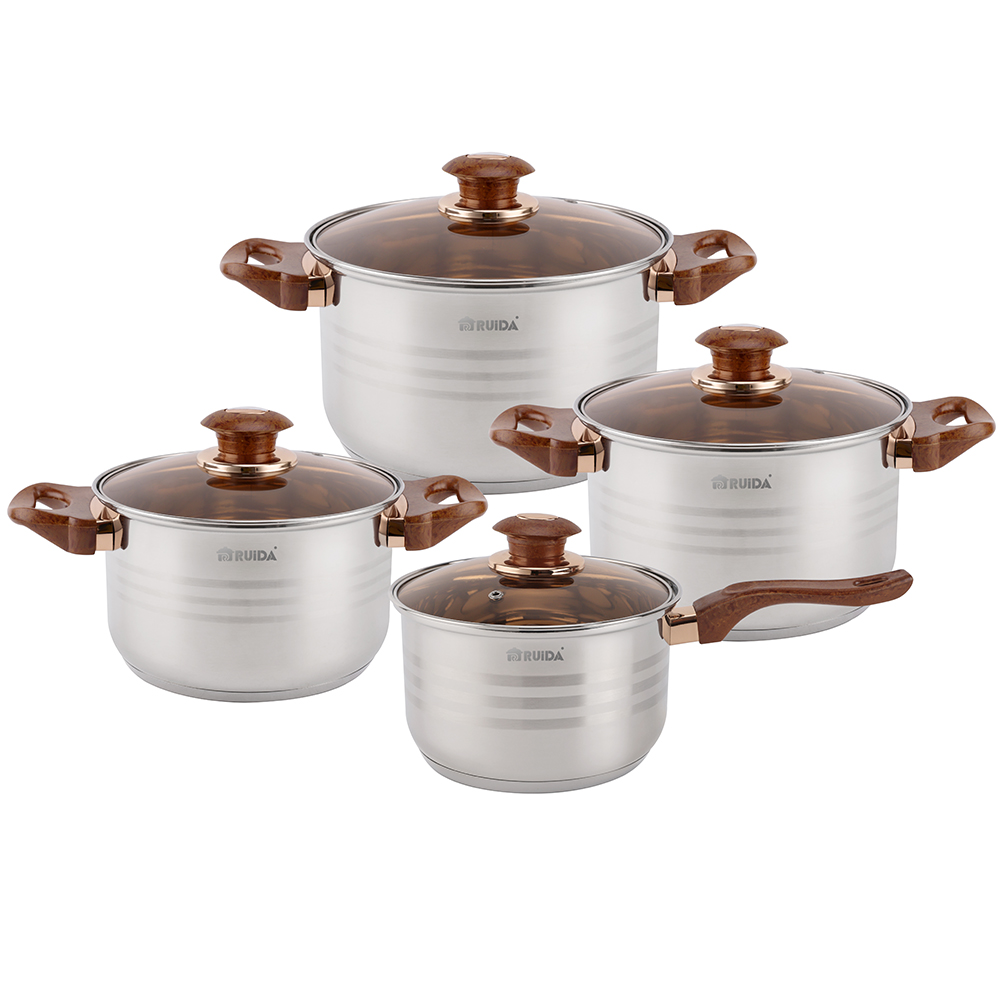 Home Appliance 8PCS Stainless Steel Cookware with Brown Glass Lid