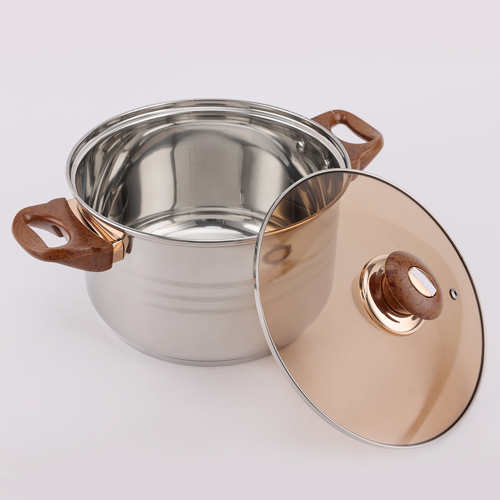 Home Appliance 8PCS Stainless Steel Cookware with Brown Glass Lid