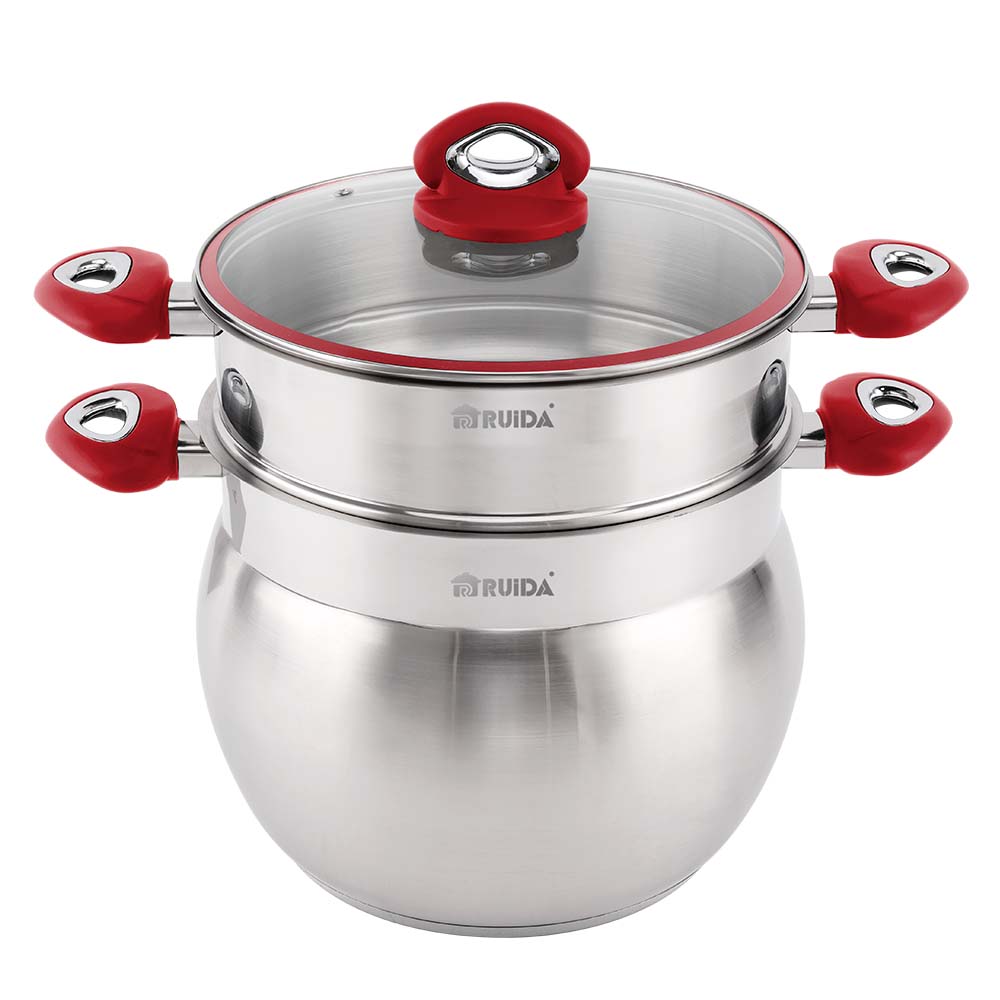 Big Belly Shape Couscous Pot Stainless Steel Cookware Set with Red Handle
