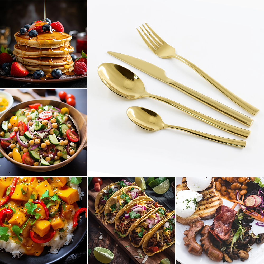24PCS Set 410ss Stainless Steel Cutlery Mirroe Polish Flatware with Golden Plating Color