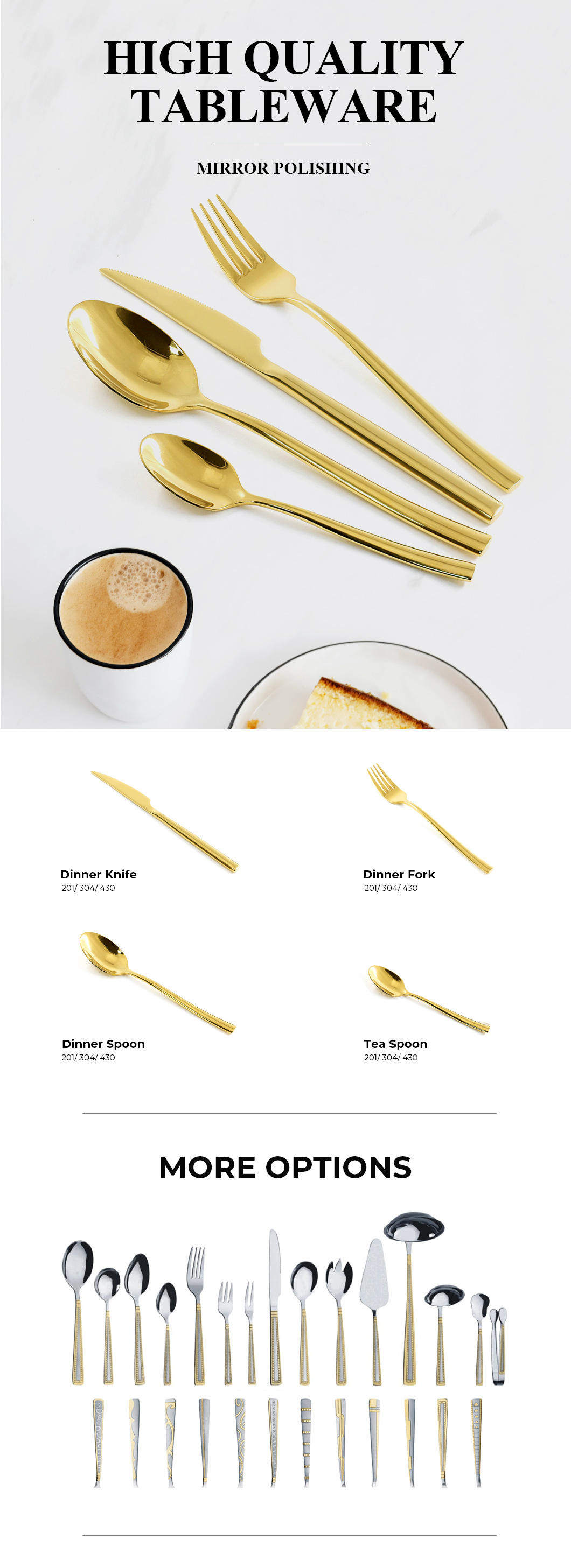24PCS Set 410ss Stainless Steel Cutlery Mirroe Polish Flatware with Golden Plating Color