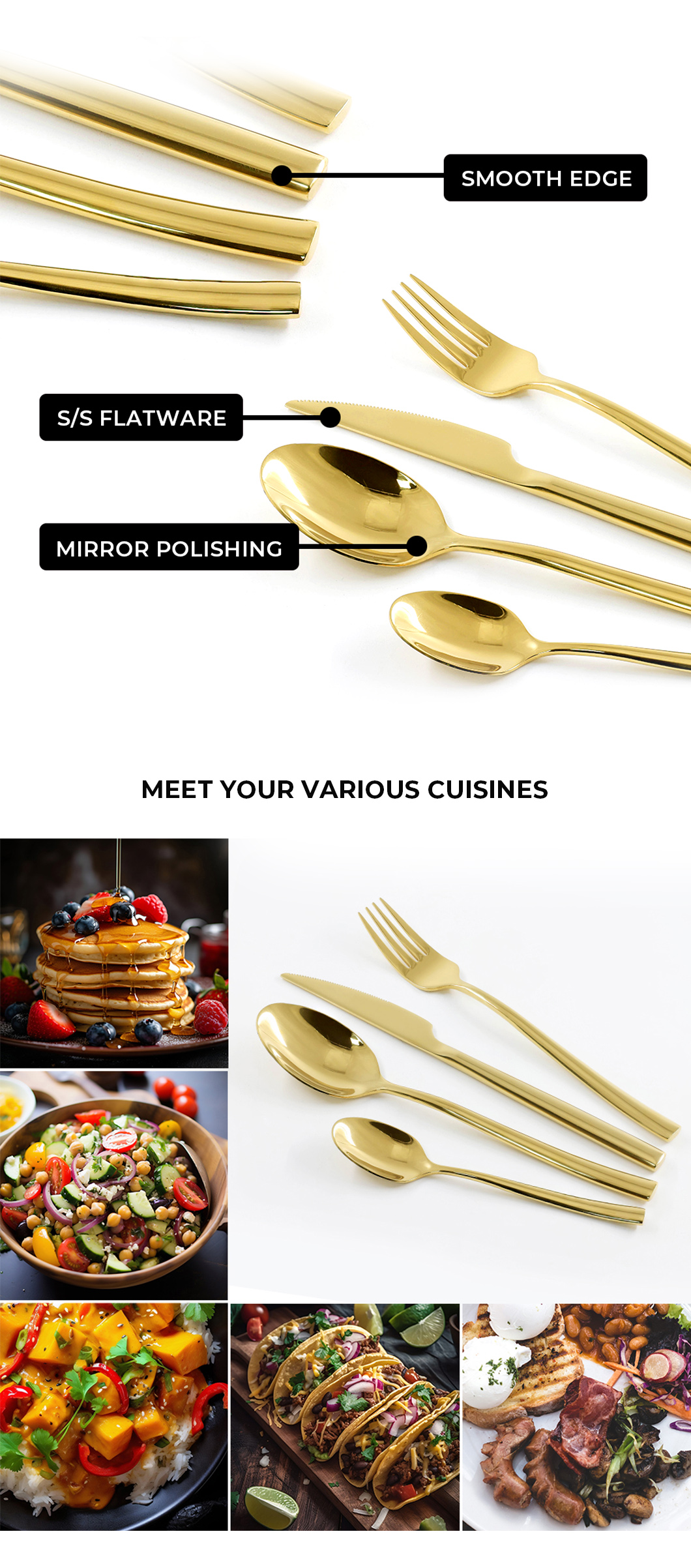 24PCS Set 410ss Stainless Steel Cutlery Mirroe Polish Flatware with Golden Plating Color