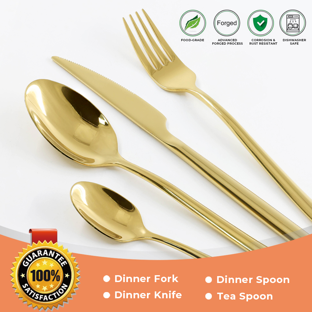 24PCS Set 410ss Stainless Steel Cutlery Mirroe Polish Flatware with Golden Plating Color