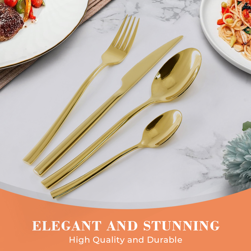 24PCS Set 410ss Stainless Steel Cutlery Mirroe Polish Flatware with Golden Plating Color