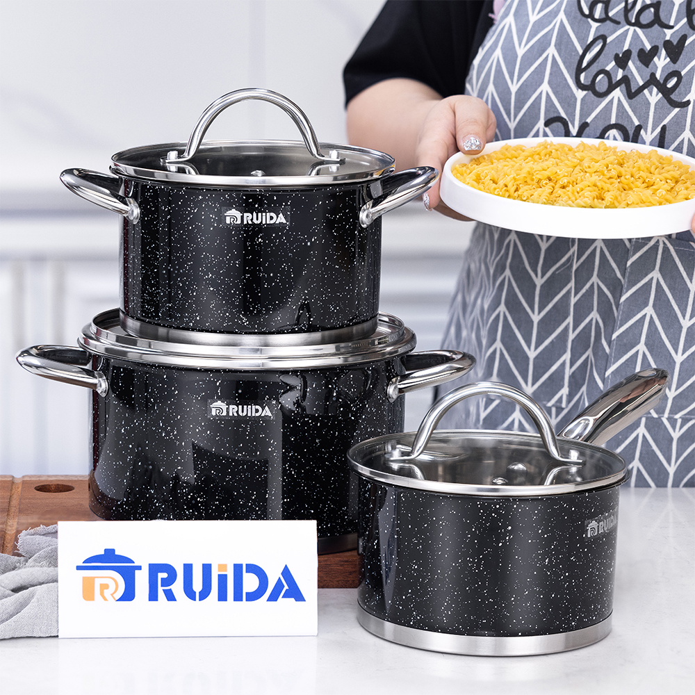 China Professional Factory Stainless Steel Cookware Set with 6PCS Granite Painting