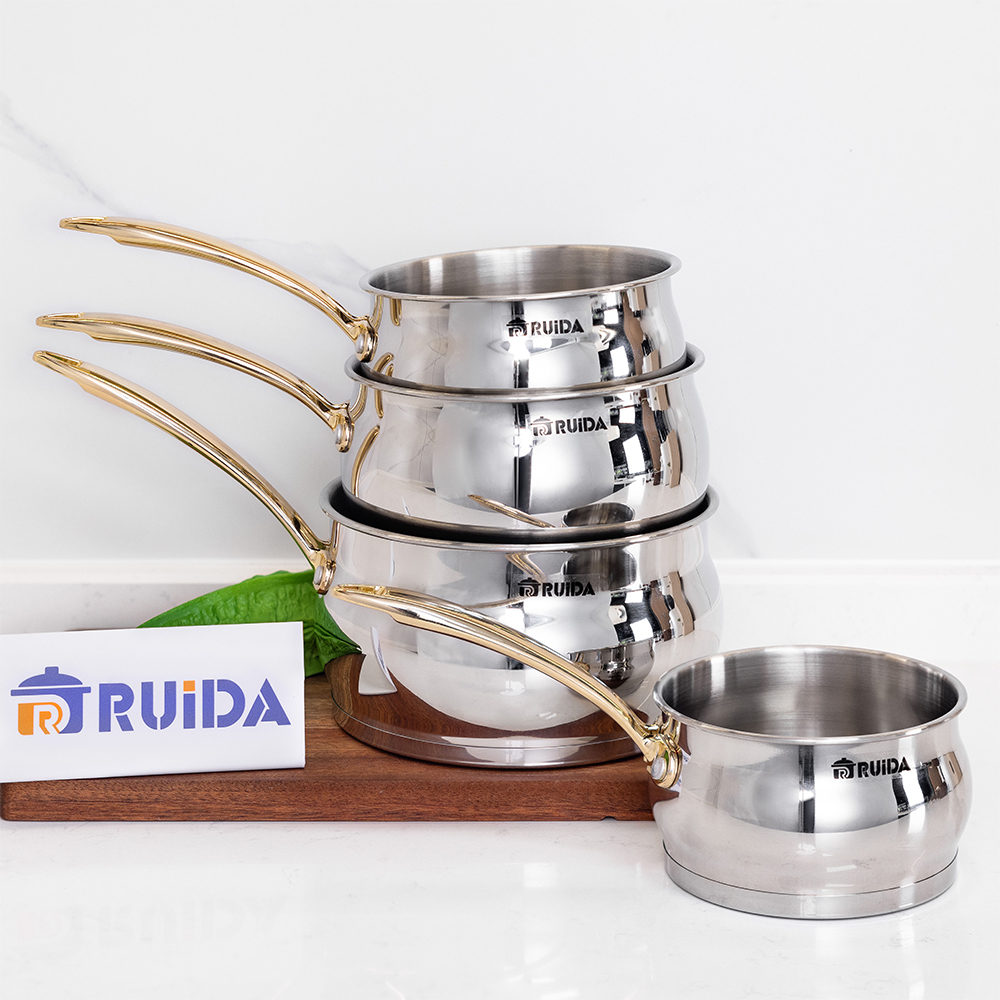 High Quality 4PCS Cookware Set Stainess Steel Saucepan Set with Golden Handles