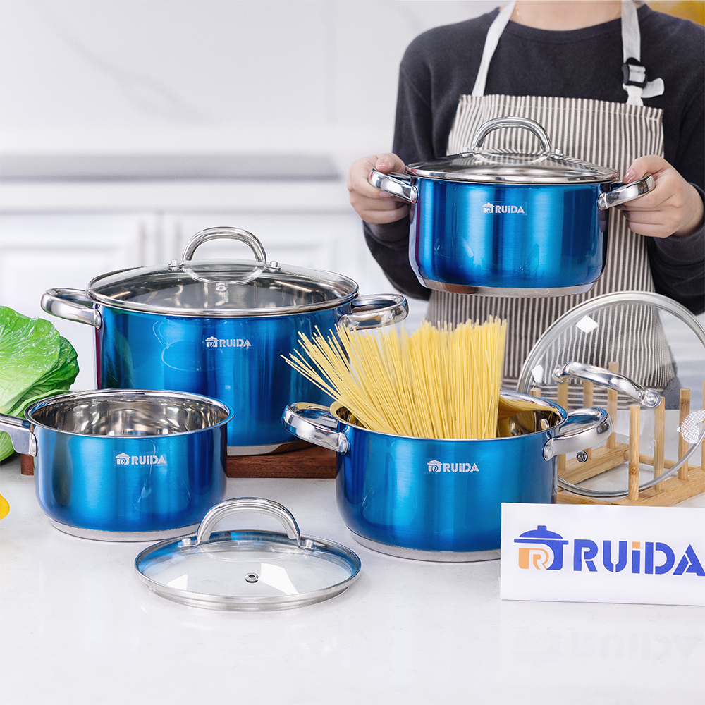 8PCS Stainless Steel Cookware Set with Blue Painting South American Induction