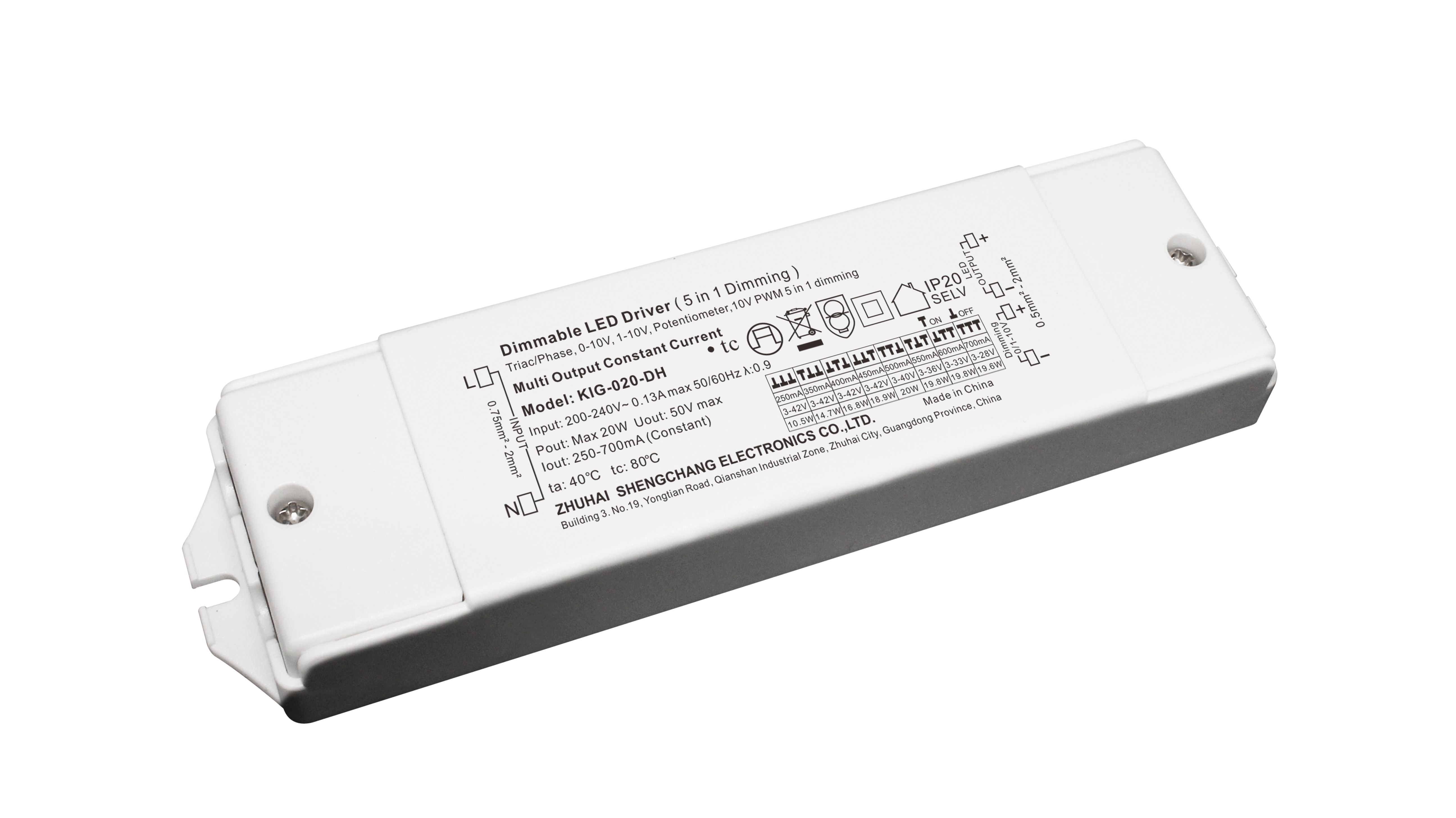 KIG-DH Series 20W Constant Current Triac&0/1-10V Dimmable LED driver