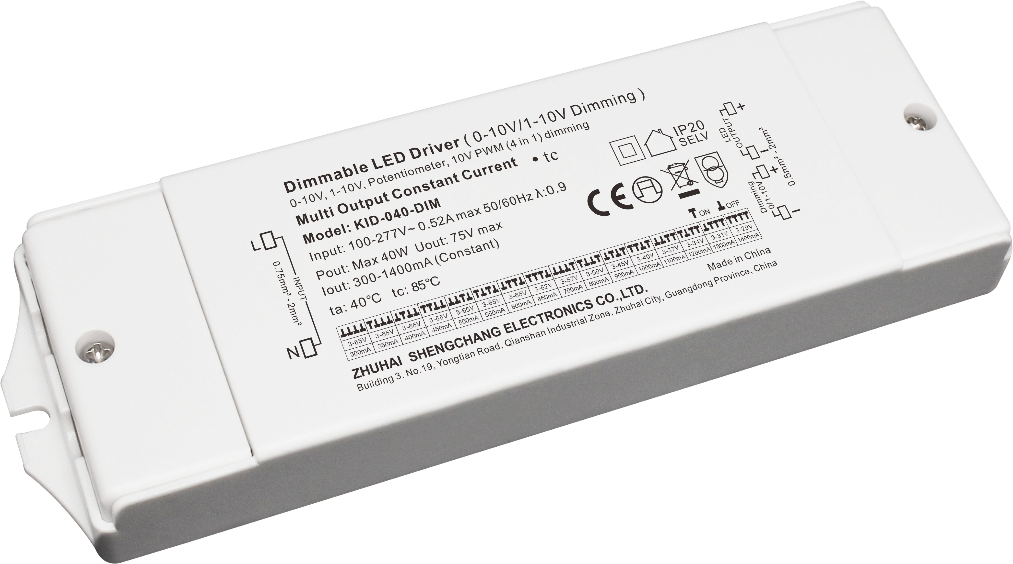 KID-DIM Series 40W Constant Current 0/1-10V Potentiometer/10V PWM (4 in 1) Dimmable LED driver
