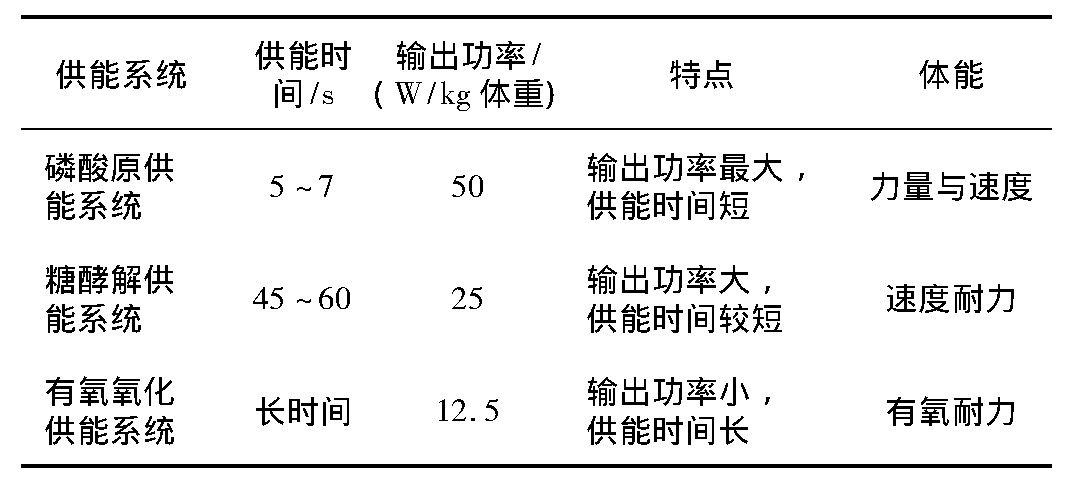 表1 人体三大供能系统特点与体能