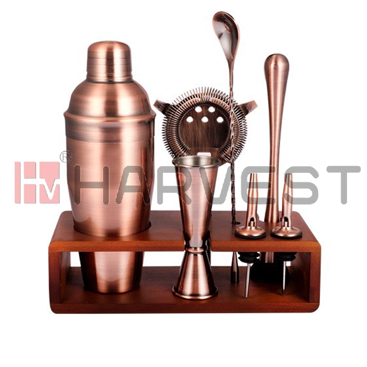 B13022G 8PCS BAR SET(SHAKER,JIGGER,BAR MUDDLER,WINE POURER,SPOON,STRAINER,WOODEN STAND)