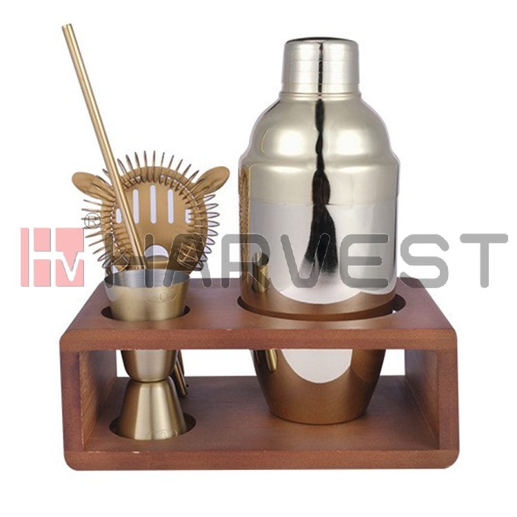 B13023 5PCS BAR SET(SHAKER,JIGGER,STAINER,STRAW,WOODEN STAND)