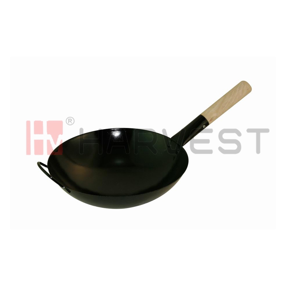 K10441-K10445 ENAMEL IRON WOK W/WOODEN HANDLE & EXTRA ONE EAR