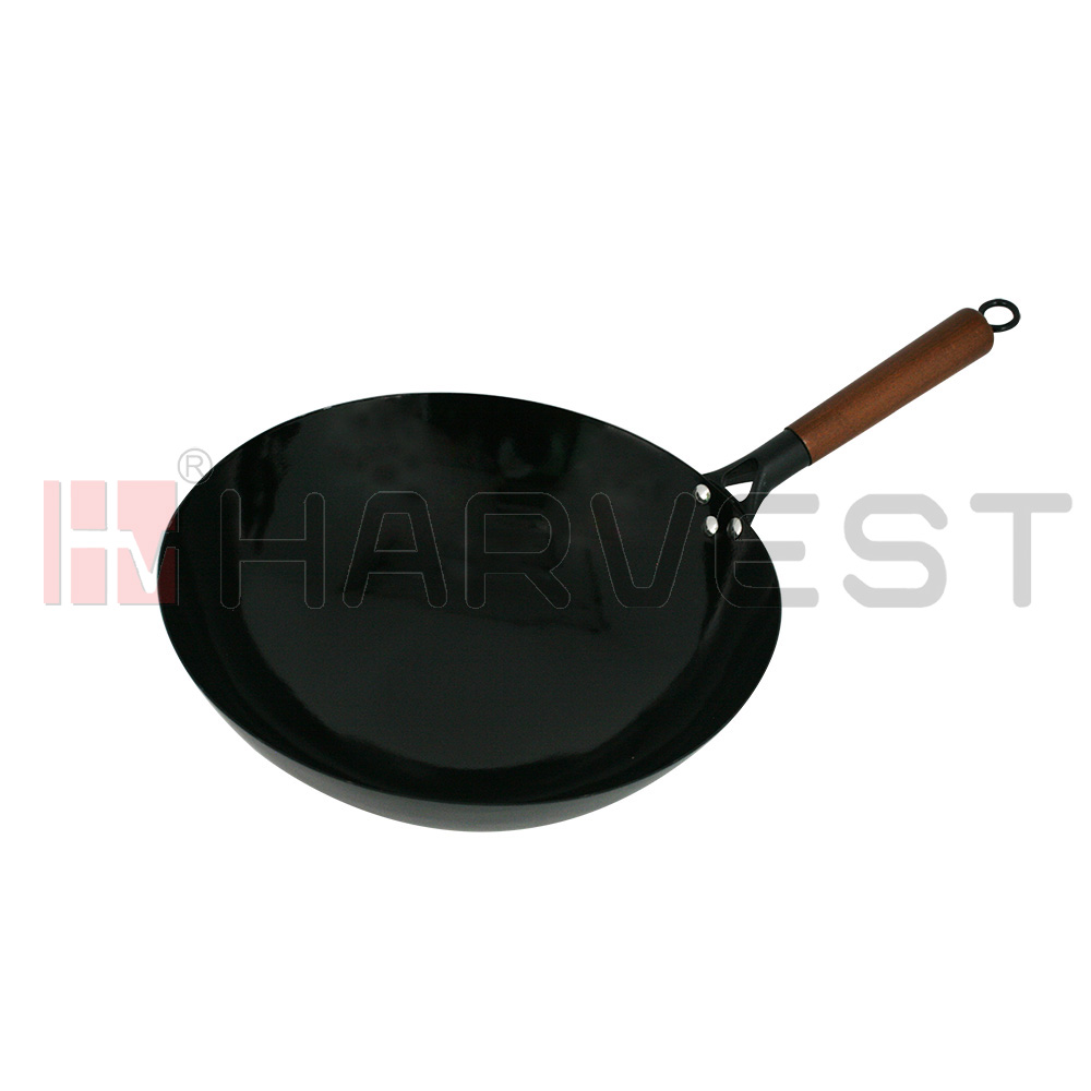 K10485-K10489 ENAMEL IRON WOK W/WOODEN HANDLE-ROUND BASE