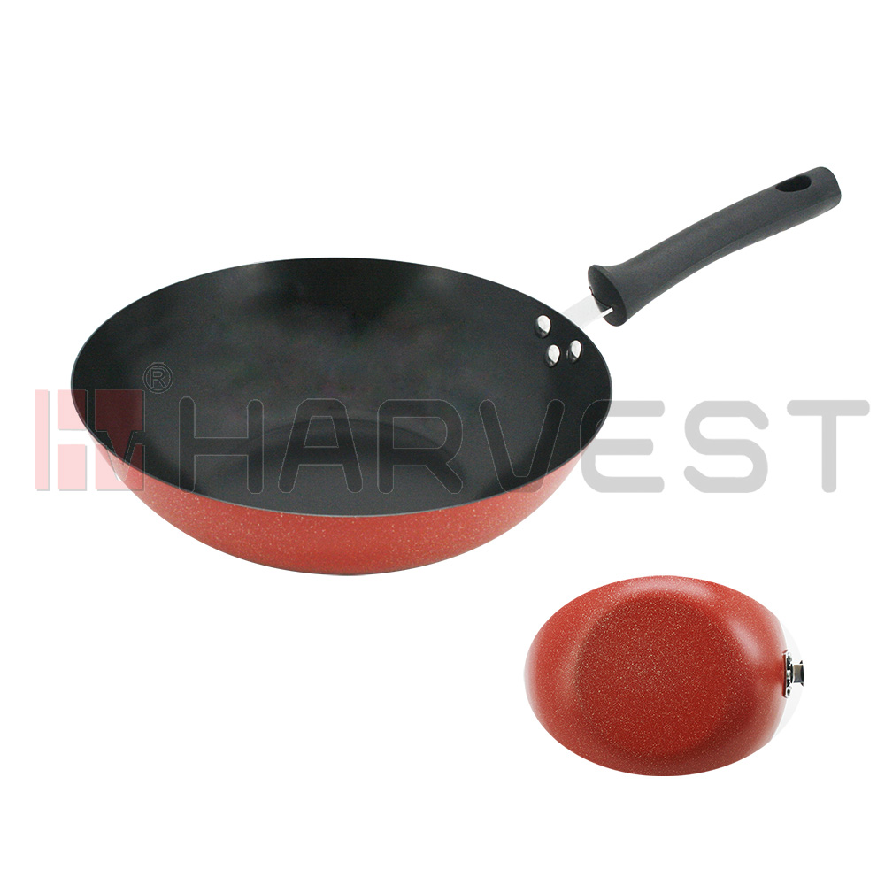 K10595-K10599 NON-STICK IRON WOK W/PLASTIC HANDLE-FLAT BASE