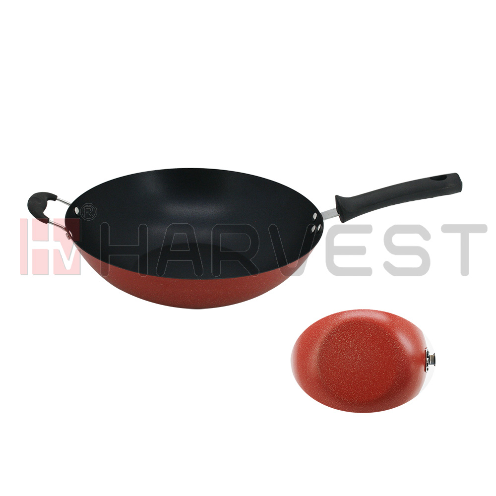 K10590-K10594 NON-STICK IRON WOK W/PLASTIC HANDLE-FLAT BASE