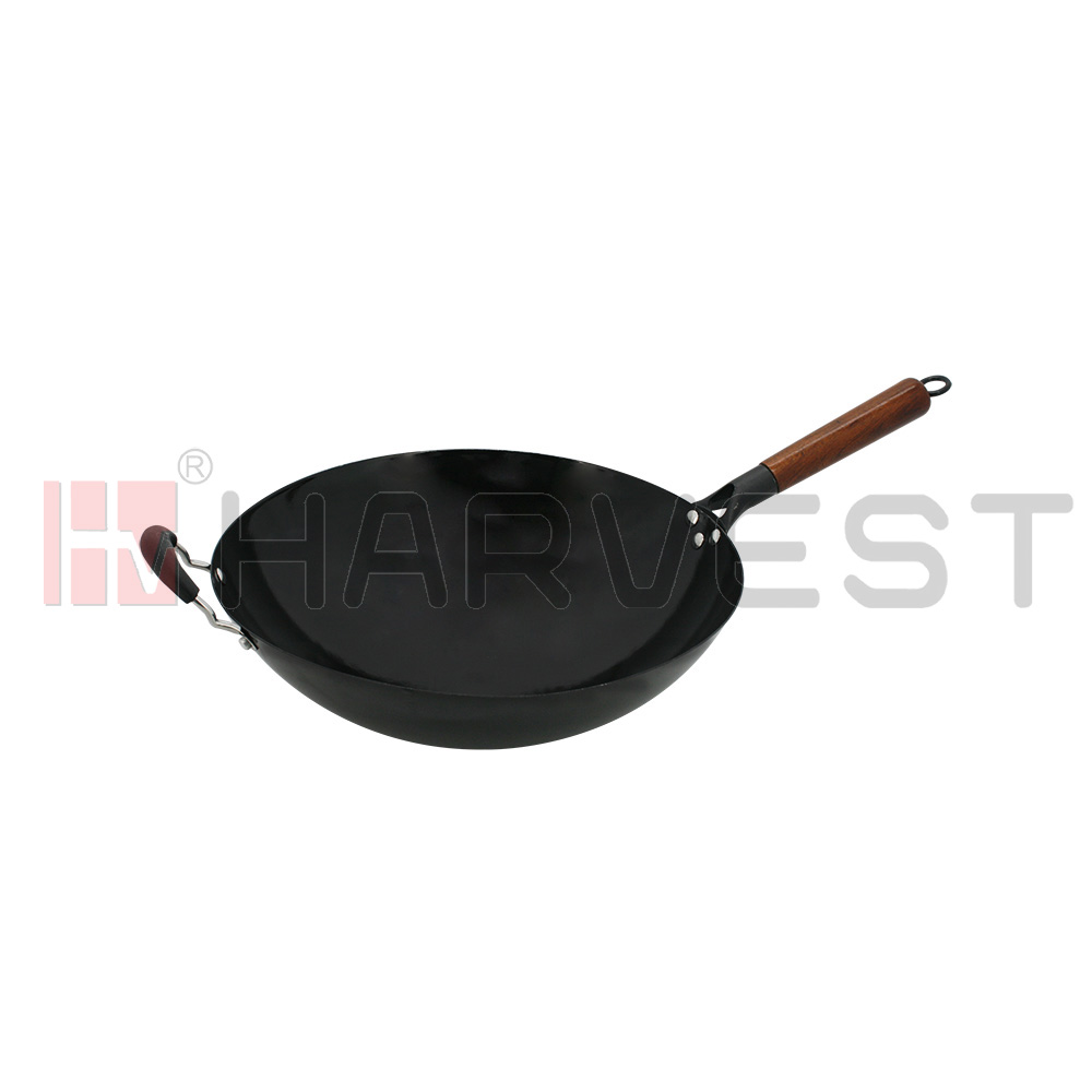 K10480-K10484 ENAMEL IRON WOK W/WOODEN HANDLE-ROUND BASE