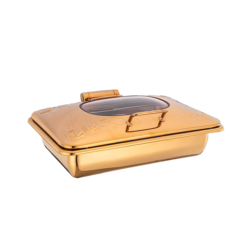 A10082-1GA FULL SIZE EMBOSSED CHAFING DISH TOP WITH GLASS WINDOW LID-DAMPING HINGE(GOLDEN)