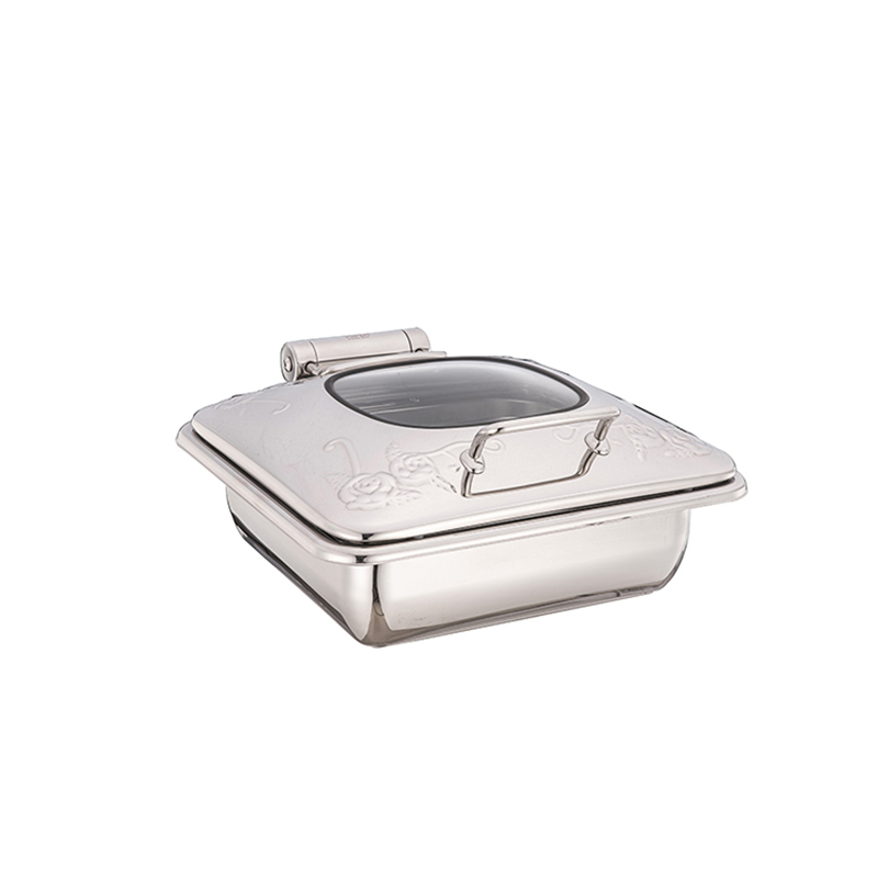 A10085-1A 2/3 SIZE EMBOSSED CHAFING DISH TOP WITH GLASS WINDOW LID-DAMPING HINGE