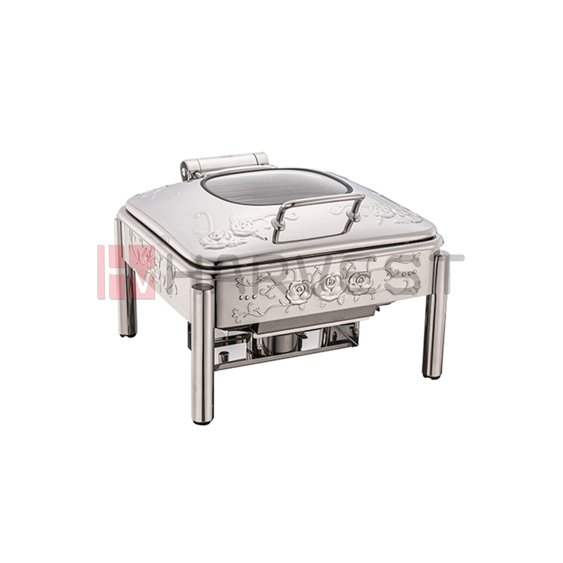 A10082-1 & A10085-1    FULL SIZE EMBOSSED CHAFING DISH WITH GLASS WINDOW LID-DAMPING HINGE