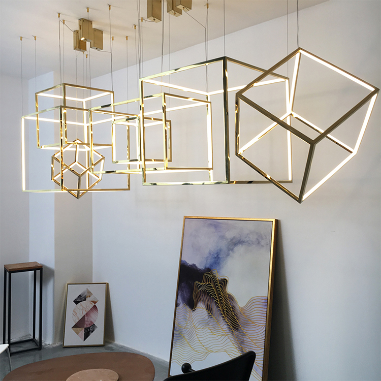 Modern style indoor decorative lights titanium gold stainless steel cube led chandelier DKX6073