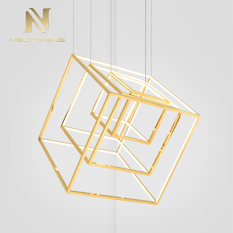 Modern style indoor decorative lights titanium gold stainless steel cube led chandelier DKX6073