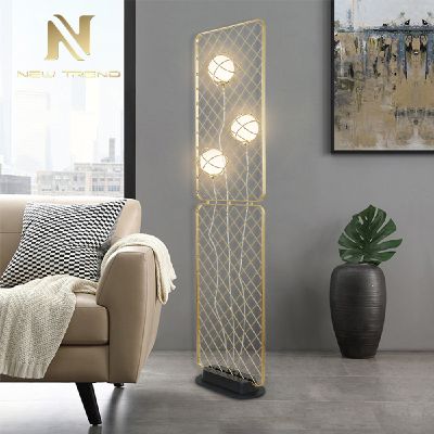 Good Quality Brass Color Square Iron Grid Frame Glass Lampshade Modern LED Floor Light FM0010