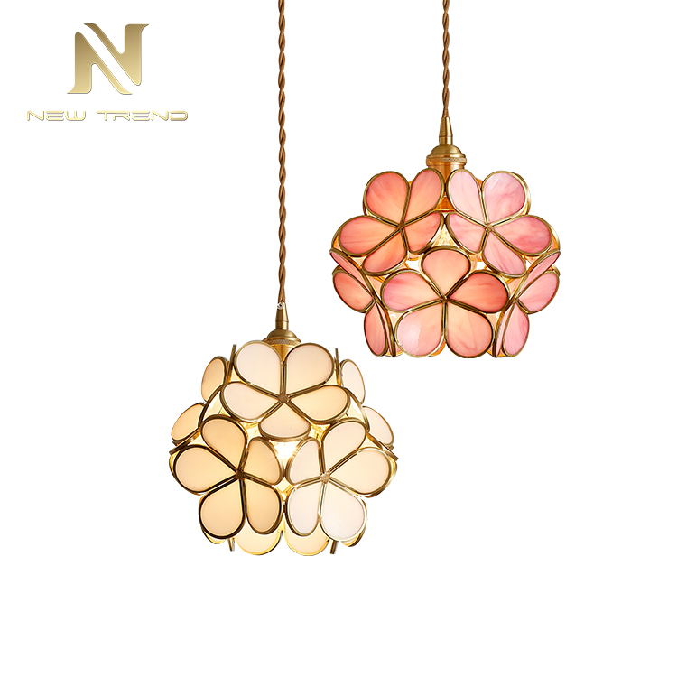 Traditianal Style Flower Fixture Lighting Pink Green White Glass Copper Led Pendant Lamp PF00287