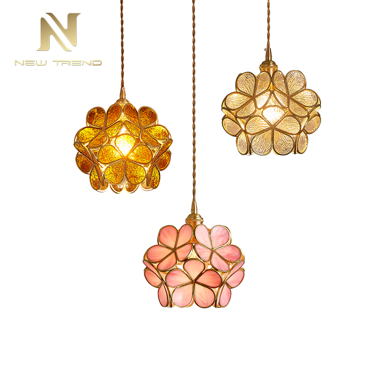 Traditianal Style Flower Fixture Lighting Pink Green White Glass Copper Led Pendant Lamp PF00287