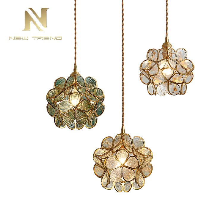 Traditianal Style Flower Fixture Lighting Pink Green White Glass Copper Led Pendant Lamp PF00287