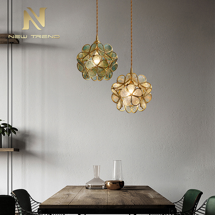 Traditianal Style Flower Fixture Lighting Pink Green White Glass Copper Led Pendant Lamp PF00287