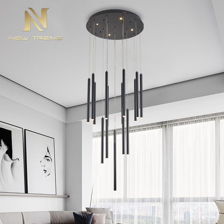 High quality indoor decoration fixtures art black round bar led chandelier PJ00402