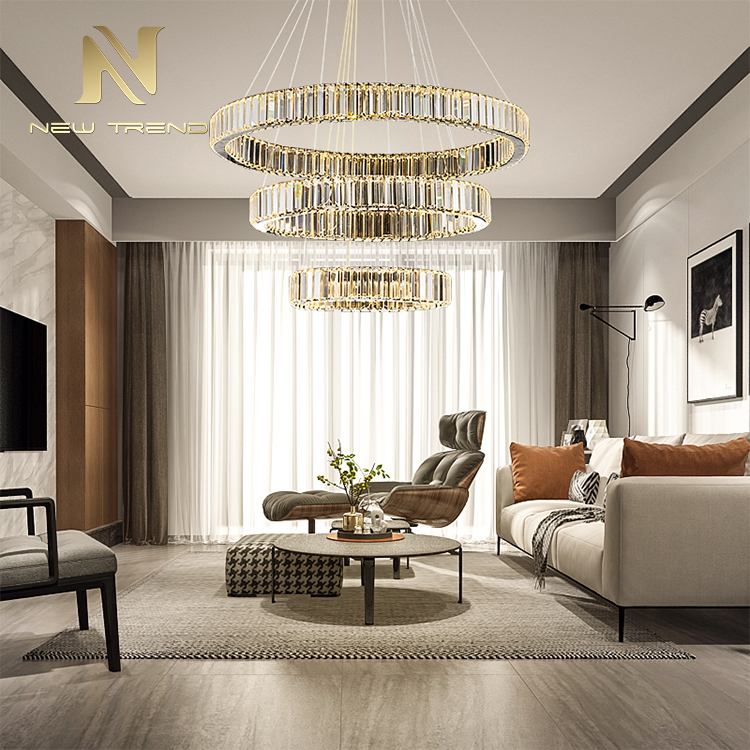 Contemporary design ceiling pendant lamp support custom crystal rings led chandelier PYM9029