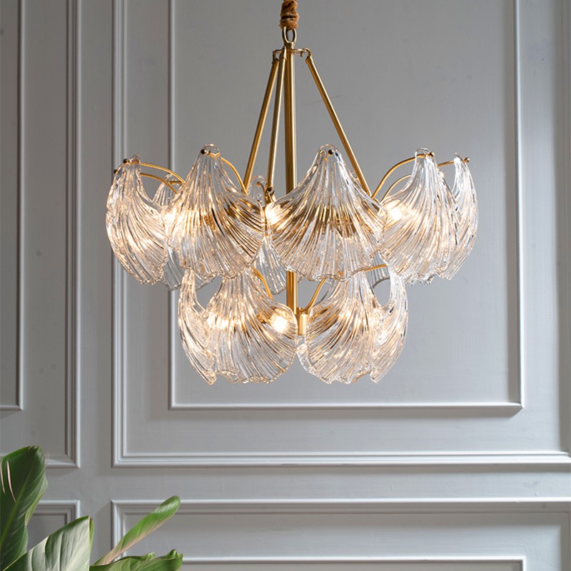 Light luxury creative shell postmodern living room dining room all copper glass chandelier P5642