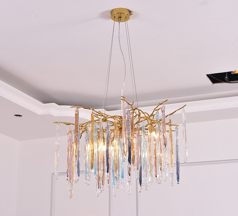 Light luxury postmodern all copper branch glass rod meal chandelier D9888