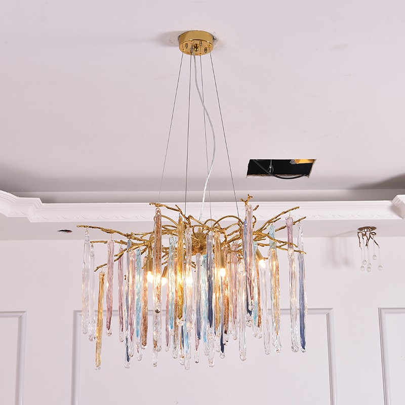 Light luxury postmodern all copper branch glass rod meal chandelier D9888