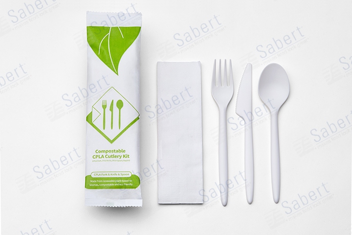 Compostable CPLA cutlery kit 4 in 1 (CPLA fork, CPLA knife, CPLA spoon, napkin)