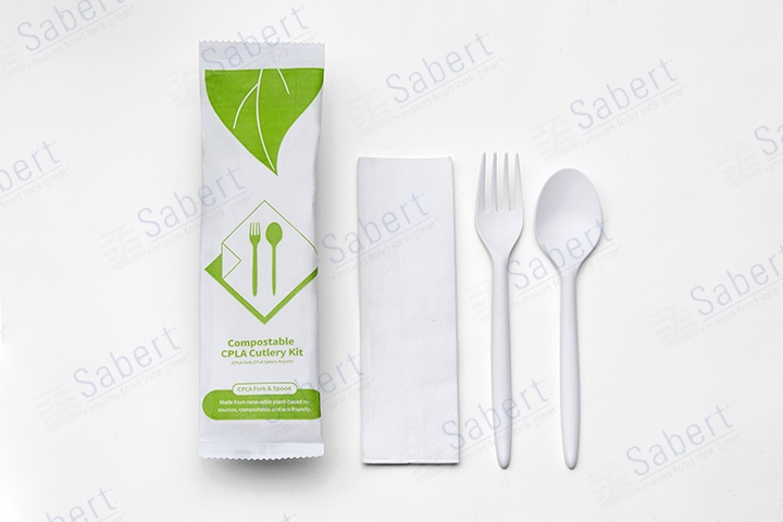 Compostable CPLA cutlery kit 3 in 1 (CPLA fork, CPLA spoon, napkin)