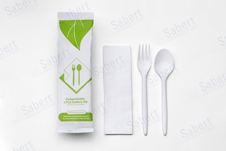 Compostable CPLA cutlery kit 3 in 1 (CPLA fork, CPLA spoon, napkin)