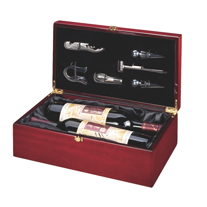 Luxury Sliding Door Single Bottle Wood Wine Glass Gift Set Box with Tools Handmade Wooded
